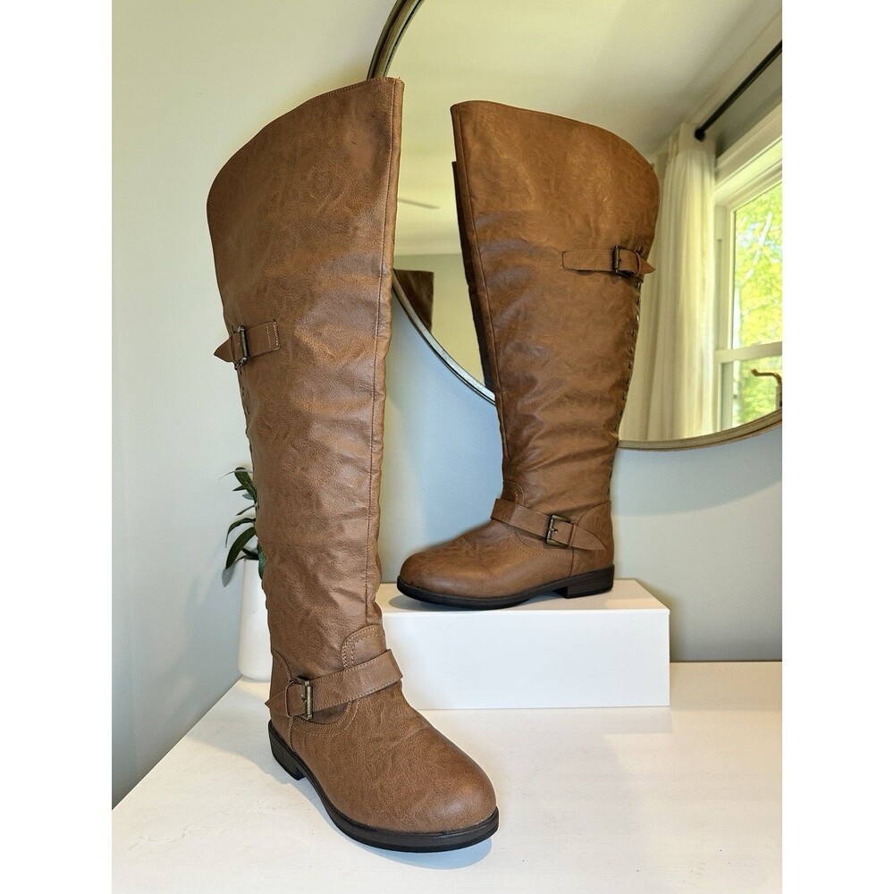 Womens Brown Over The Knee Boots Wide Calf Size 10 Back Zipper Studded Synthetic